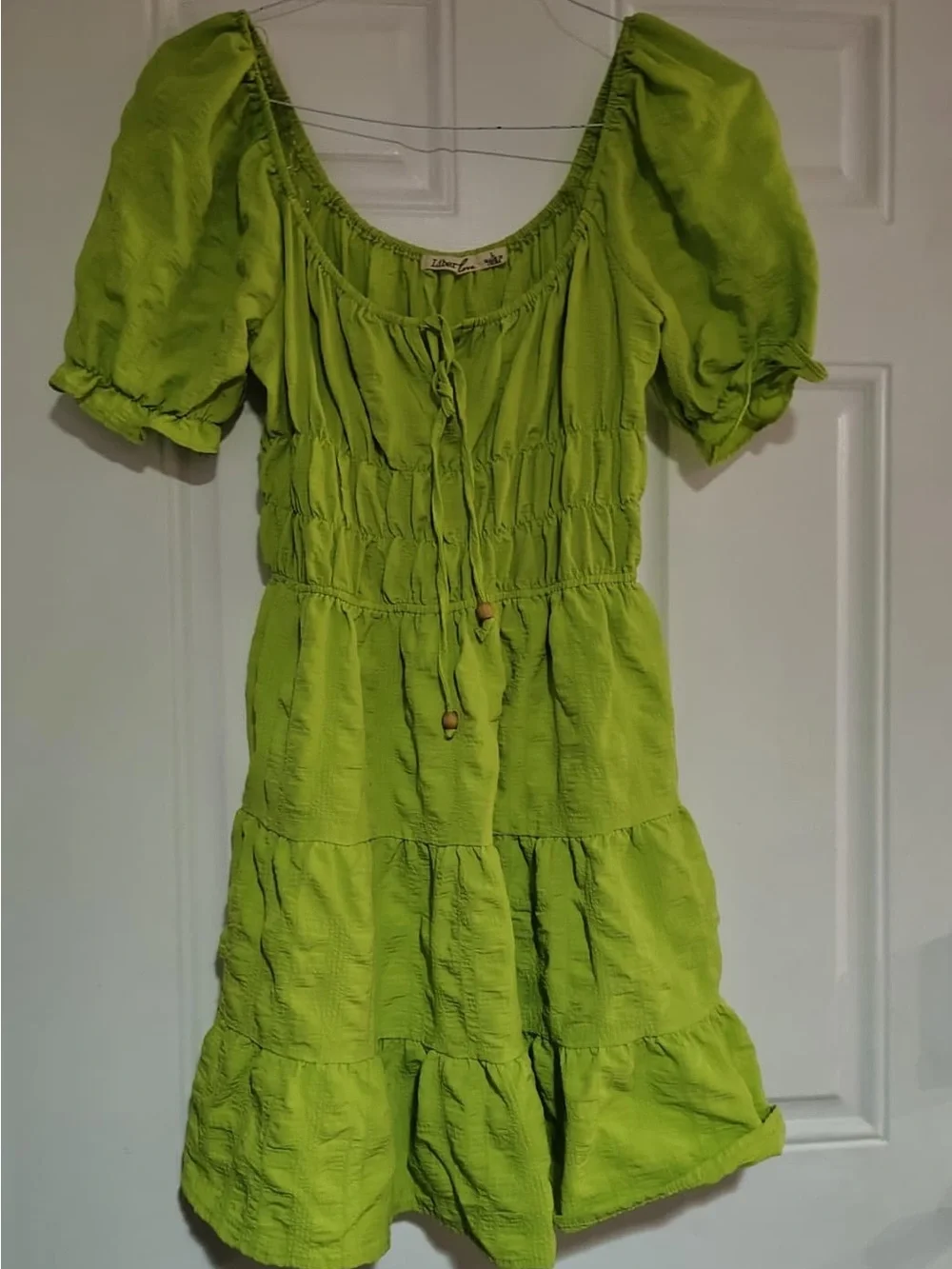 Girls' Lime Green Tiered Puff-Sleeve Dress with Smocked Waist